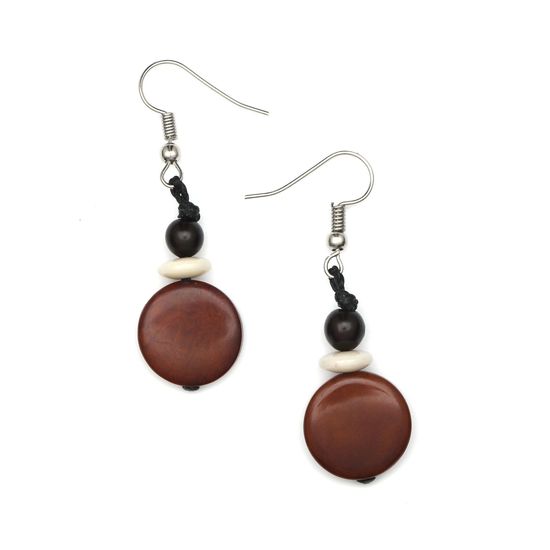 Brown Round Tagua Disc and Beads Drop Earrings
