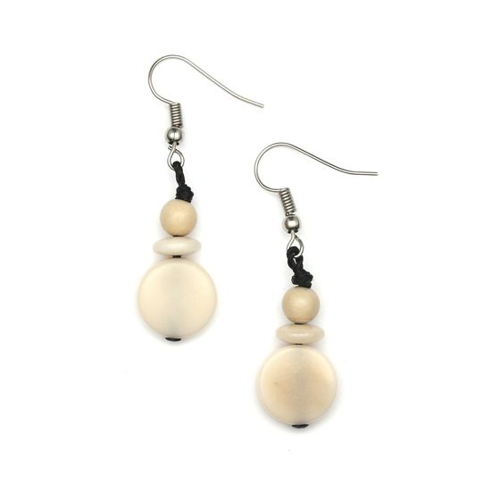 Natural White Round Tagua Disc and Beads Drop Earrings