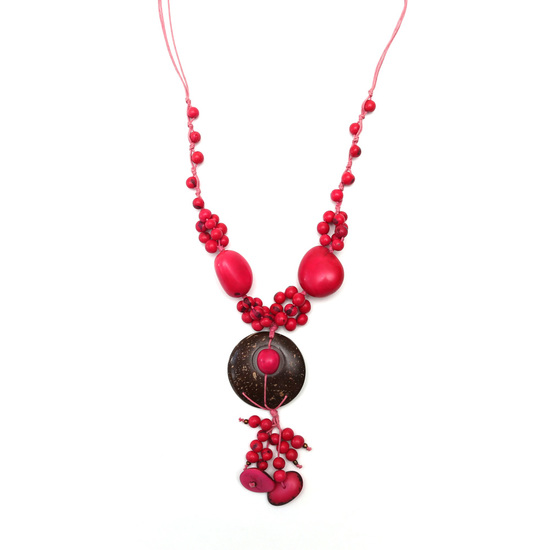Hot pink Tagua and brown coco adjustable necklace