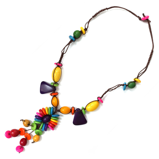 Vivid rainbow Tagua slice and bead long necklace