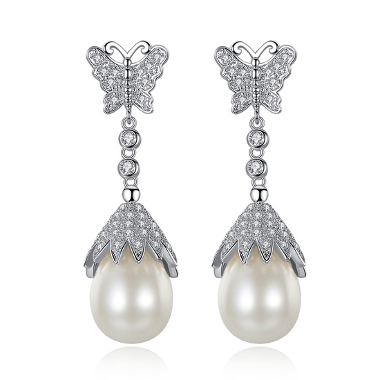 White Gold Plated Micro Pave Set Cubic Zirconia Butterfly with Simulated Teardrop Pearl Drop Stud Earrings