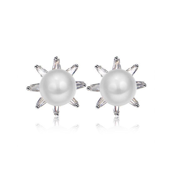 White Gold Plated Simulated Pearl with Cubic Zirconia Crystal Flower Stud Earrings