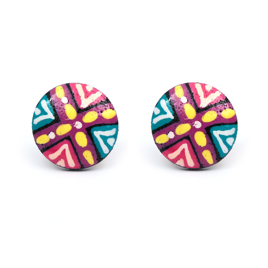 Round hand painted vibrant cross wooden stud earrings...