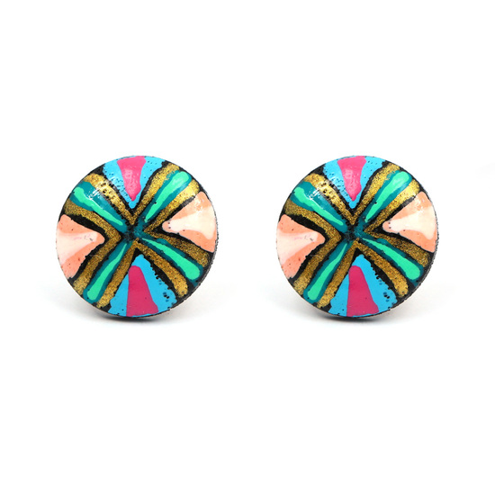 Round hand painted vivid colour cross wooden stud earrings with plastic posts