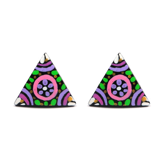 Hand painted vibrant purple flower in circle coconut shell triangle stud earrings with plastic posts