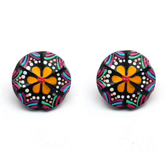 Hand painted vibrant orange flower button coconut shell stud earrings with plastic posts