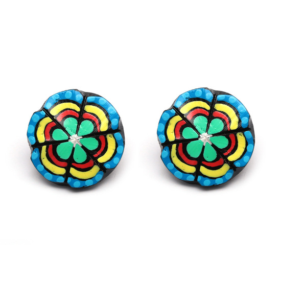 Hand painted vivid green flower button coconut shell stud earrings with plastic posts