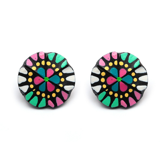 Hand painted dainty flower button coconut shell stud earrings with plastic posts