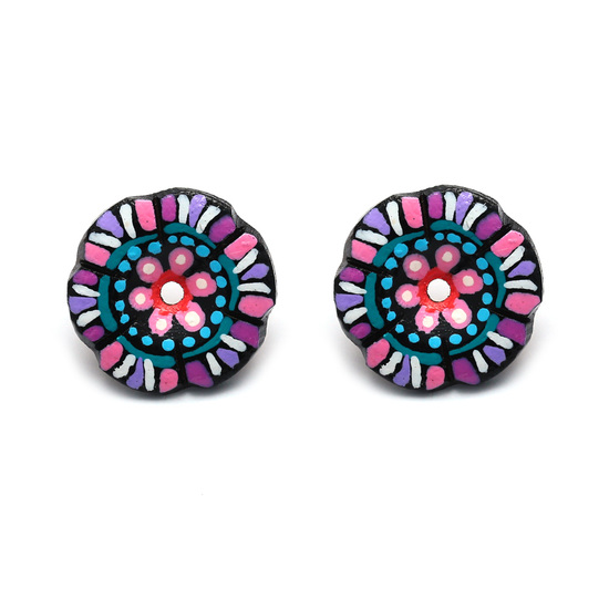Hand painted vibrant pink dotty flower button coconut shell stud earrings with plastic posts
