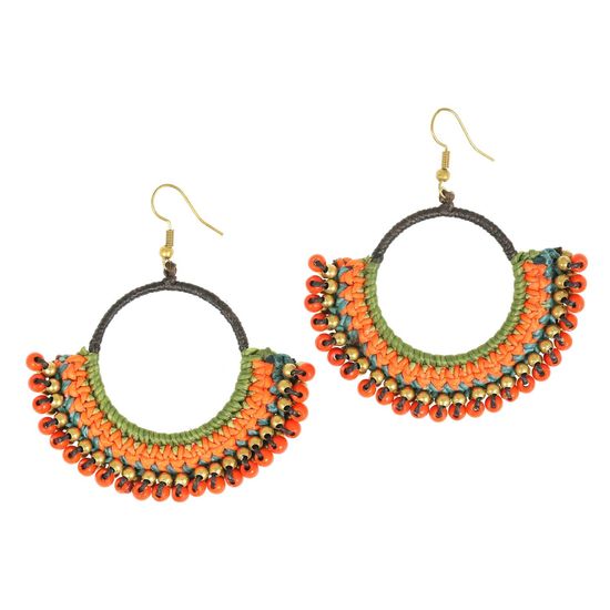 Green & Orange Wax Cord Hoop with Bead Drop Earrings