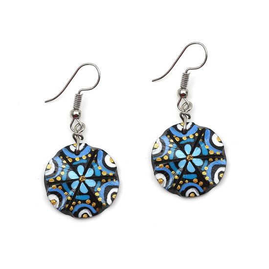 Blue Flower and Golden Dots Coconut Shell Drop Earrings