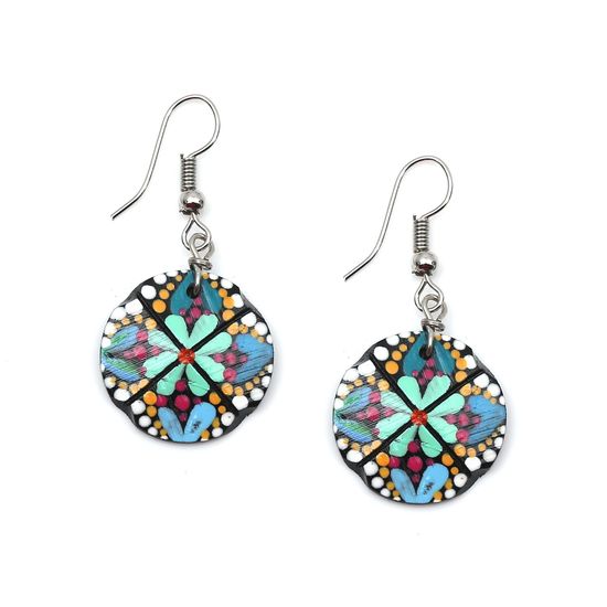 Green Flower and Multicoloured Dots Coconut Shell Drop Earrings