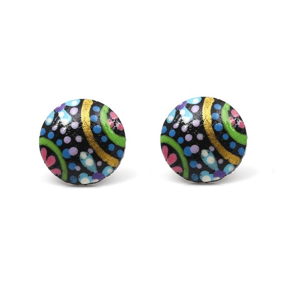 Blue Flower Spotty Wooden Button Stud Earrings with Plastic Posts