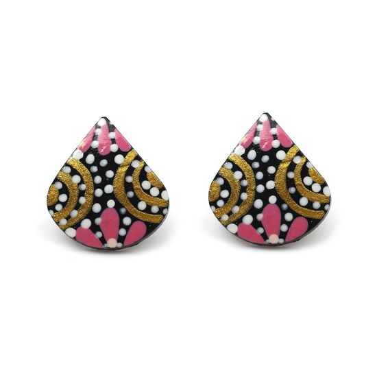 Pink Flower and White Dots Coconut Shell Teardrop Stud Earrings with Plastic Posts