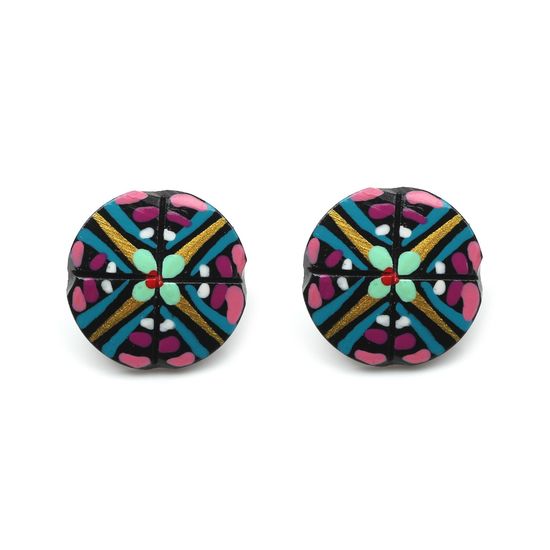 Lovely Pink and Green Flowers Coconut Shell Stud...
