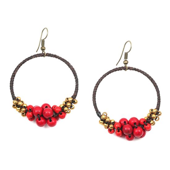 Wax Cord Hoop with Red and Golden Beads Drop Earrings