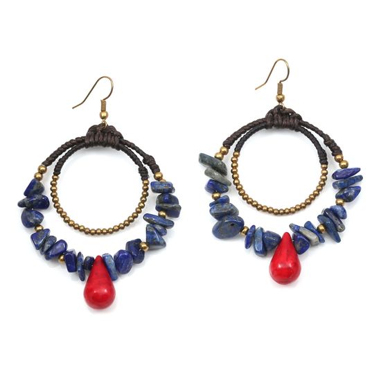 Double Wax Cord Hoop with Red Bead and Lapis Lazuli Stones Drop Earrings