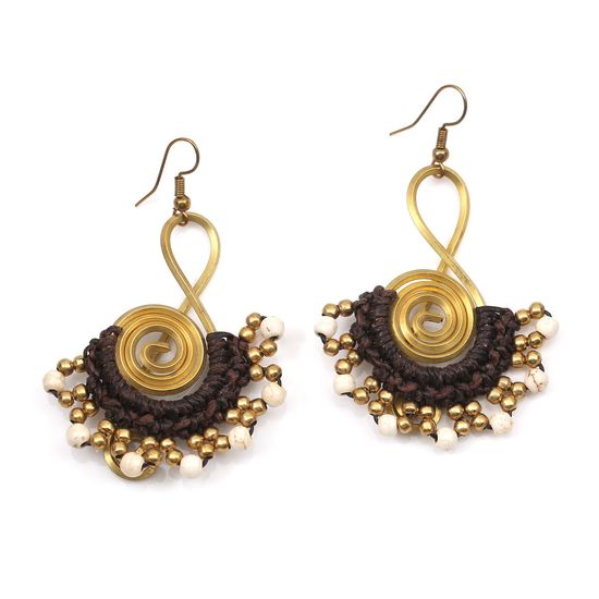 Gold Tone Spiral with White Howlite Wax Cord Drop Earrings