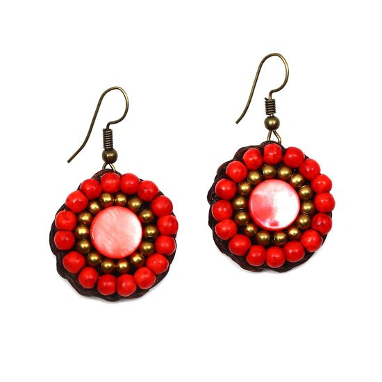 Round Coral Beads and Shell Wax Cord Drop Earrings