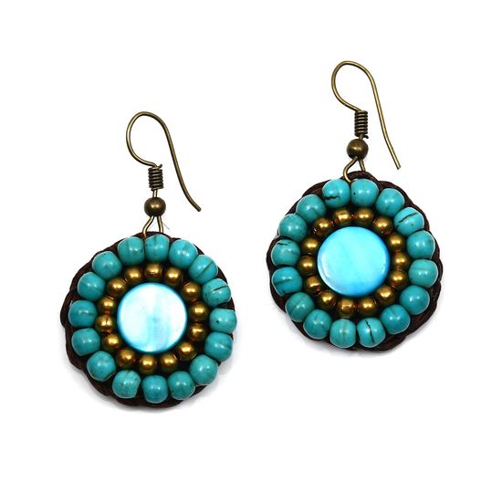 Round Turquoise Beads and Shell Wax Cord Drop Earrings