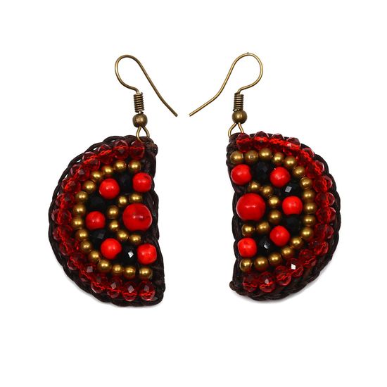 Half Round Red Crystal and Golden Beads Wax Cord Drop Earrings
