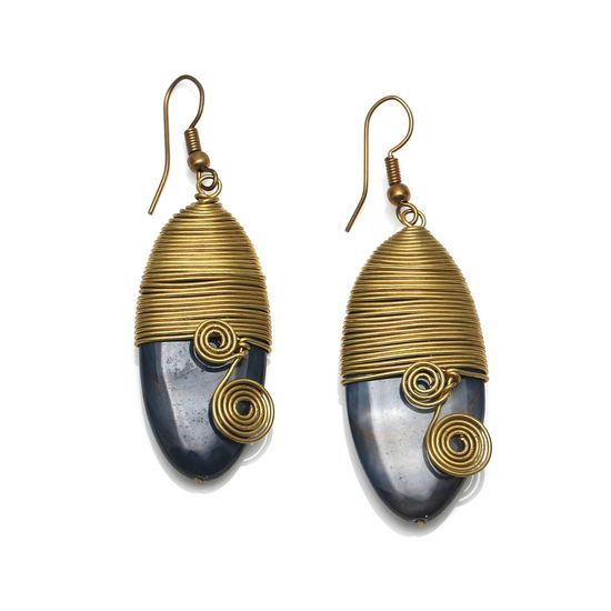 Gray Oval Mother Of Pearl with Gold Tone Spiral Drop Earrings