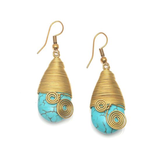 Turquoise Teardrop with Gold Tone Spiral Drop Earrings