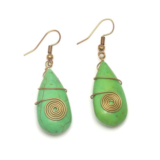 Green Howlite Teardrop With Gold Tone Spiral Drop...
