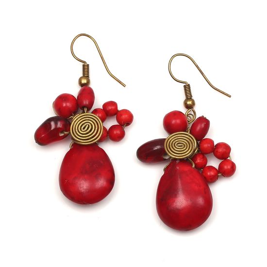 Red Teardrop Stone and Beads With Gold Tone Spiral Drop Earrings