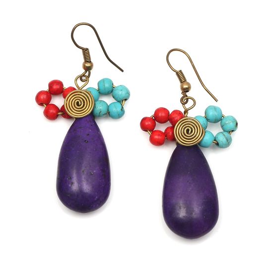 Purple Teardrop Stone with Red and Turquoise Beads Spiral Drop Earrings