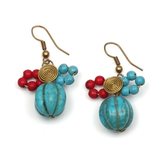 Red and Turquoise Beads Spiral Drop Earrings
