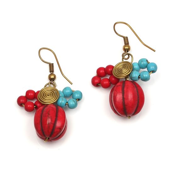 Turquoise With Red Round Bead Spiral Drop Earrings
