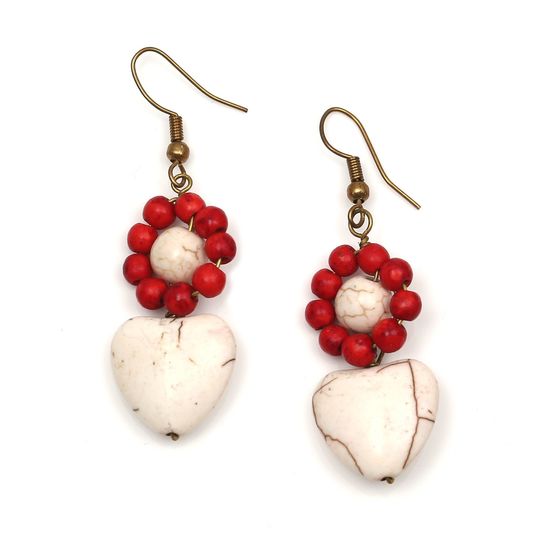 Red Bead Flower with White Howlite Heart Drop Earrings