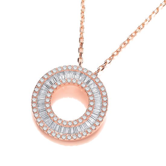 Rose Coated Silver Circle of Life Baguettes & Round CZ 17" Necklace