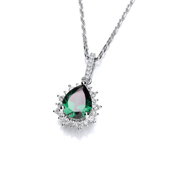 Silver Green Tear Drop CZ Pendant with 18" Chain