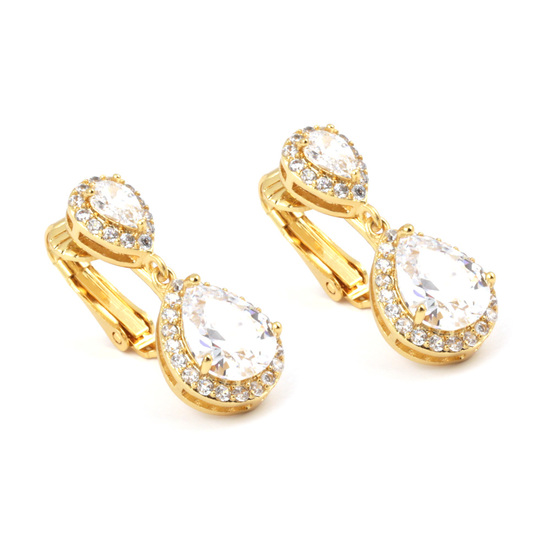 White CZ teardrop 18ct gold plated drop clip on earrings with gift box