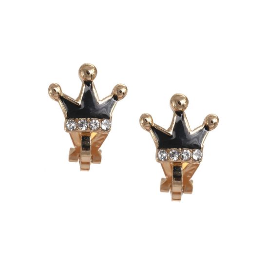 Black Enamel Crown With Crystal Clip-on Earrings