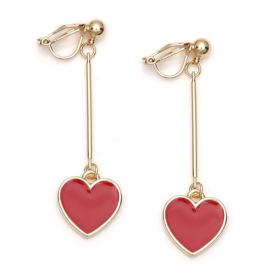 Red Enamel Heart Gold-tone Drop Clip-on Earrings