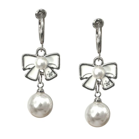 White Enamel Bow with Simulated Pearls Drop Hoop Clip On Earrings