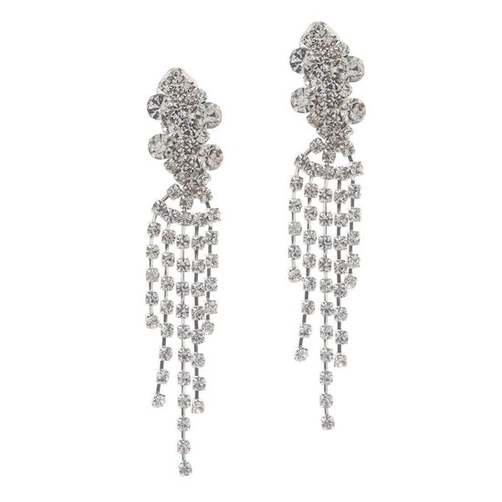 Rhinestone Crystal Pave Tassel Bridal Drop Clip on Earrings