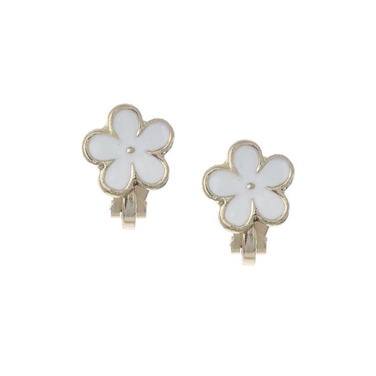White Enamel Flower Gold Tone Clip on Earrings