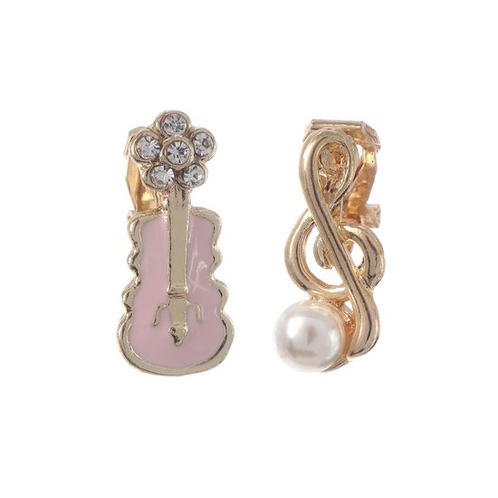 Pink Violin and Treble Clef Asymmetrical Clip On Earrings