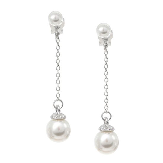 White Gold-Plated Double Pearl Chain Drop Clip...
