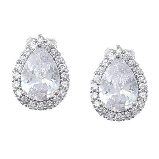 White Gold Plated Cubic Zirconia Pear Shaped Halo Clip On Earrings