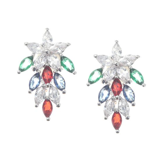 White Gold Plated Multicoloured Marquise Cubic Zirconia Flower Clip On Earrings