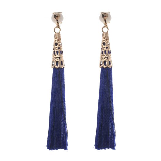 Blue Ethnic Tassel with Vintage Gold Caps Statement Drop Clip On Earrings