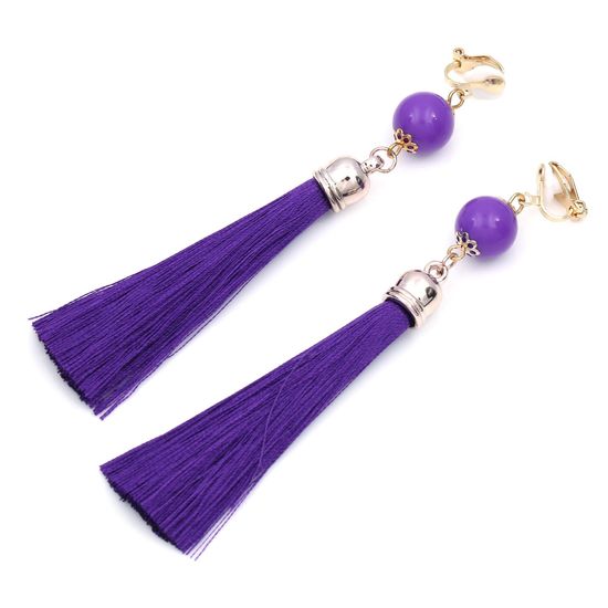 Purple Tassel with Bead Statement Drop Clip On Earrings