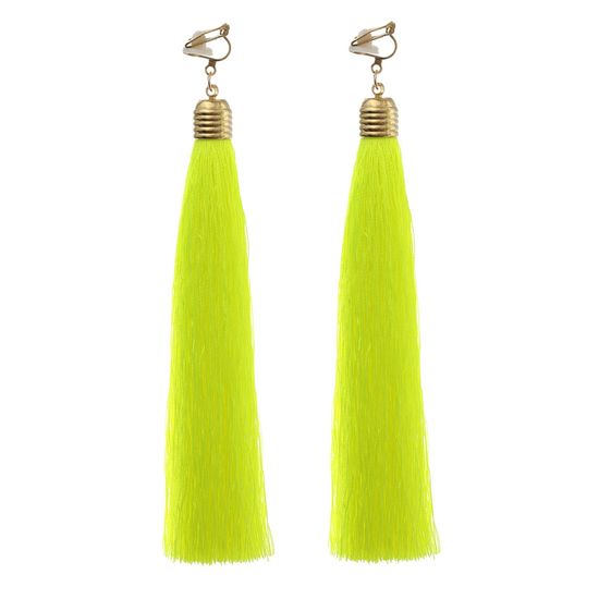 Neon Green Tassel with Gold Tone Ribbed Cap Statement Drop Clip On Earrings