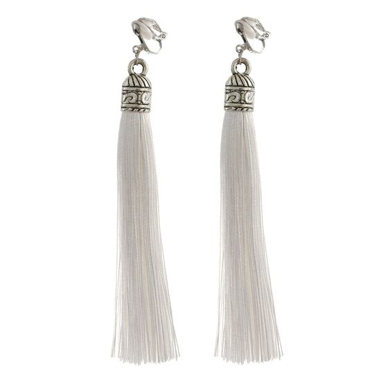 White Tassel with Silver Tone Vintage Cap Statement Drop Clip On Earrings