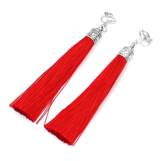 Red Tassel with Silver Tone Vintage Cap Statement Drop Clip On Earrings